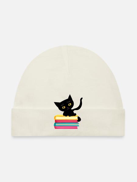 Chat Lecture Chat Livre Chat domestique Chaton Livres - Bonnet bio Bébé - blanc - Devant