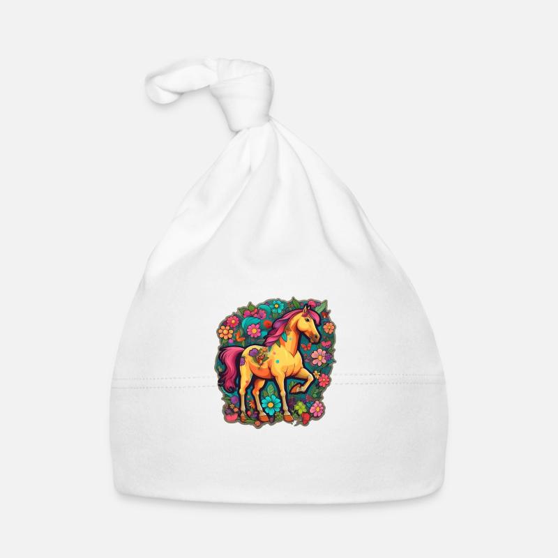 Cheval mignon dans la mer colorée de fleurs de dessin animé Bonnet bio Bébé