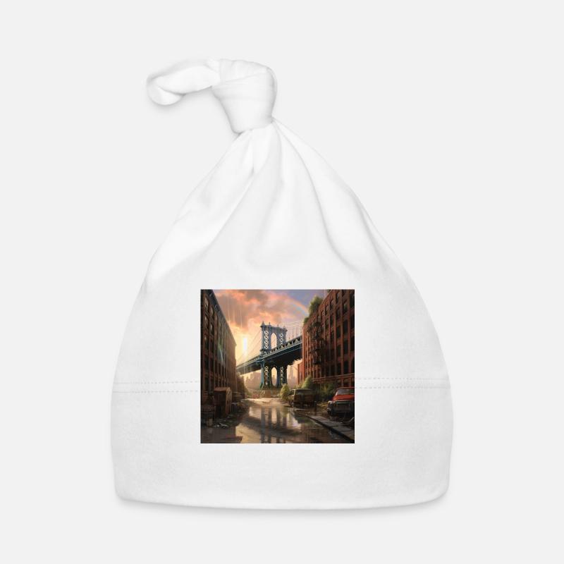 Le pont de Brooklyn sous la pluie au coucher du soleil - Bonnet bio Bébé - blanc