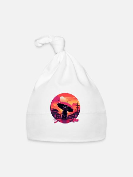 Synthwave japan Cat with umbrella - Baby Bio-Mütze - Weiß - Vorne