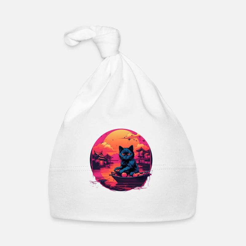 Synthwave black Cat - Organic Baby Cap - white