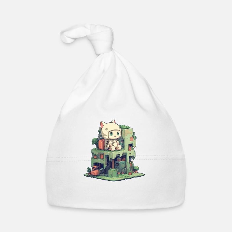 Petit personnage de chat mignon assis sur une petite constructioni Bonnet bio Bébé