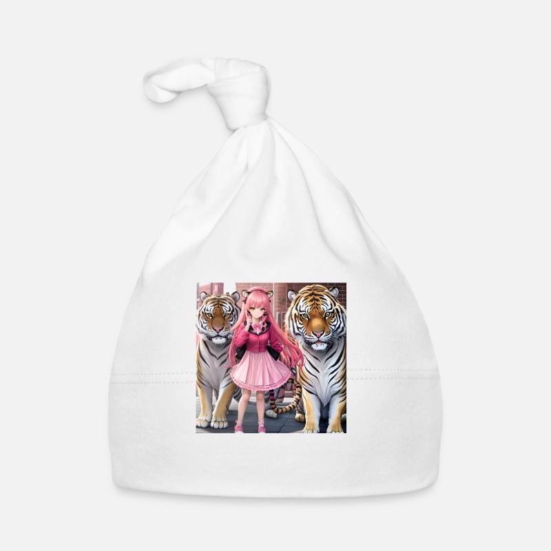 Fille avec deux tigres d’anime - Bonnet bio Bébé - blanc