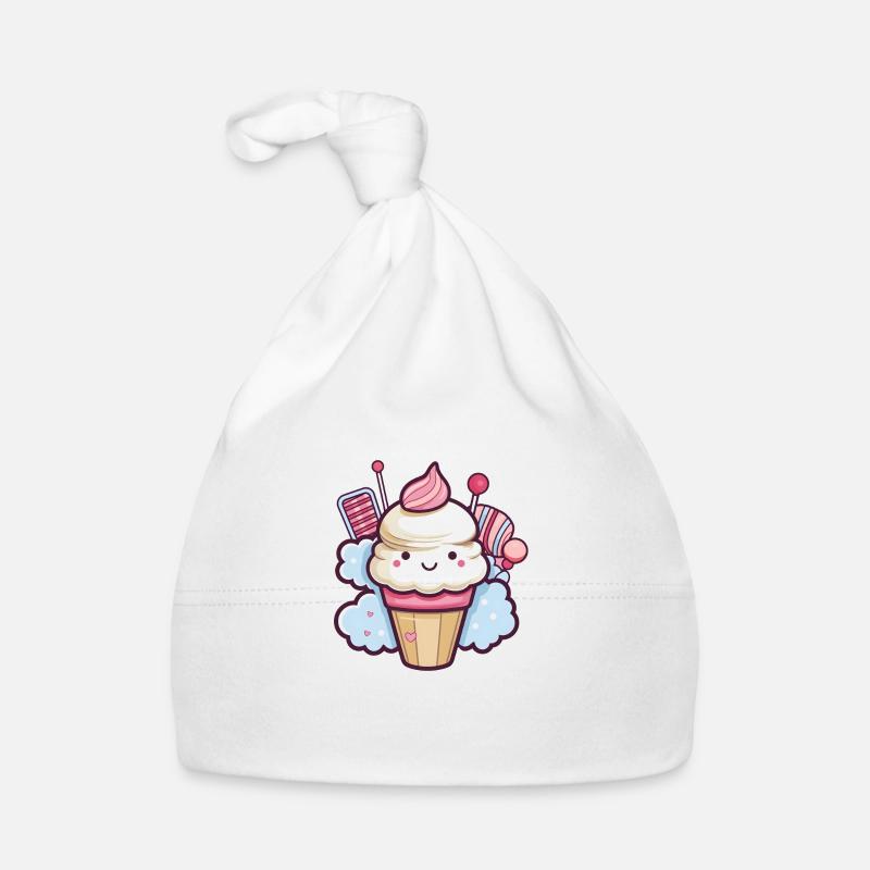 Joli cornet de crème glacée avec visage - Candy - Bonnet bio Bébé - blanc