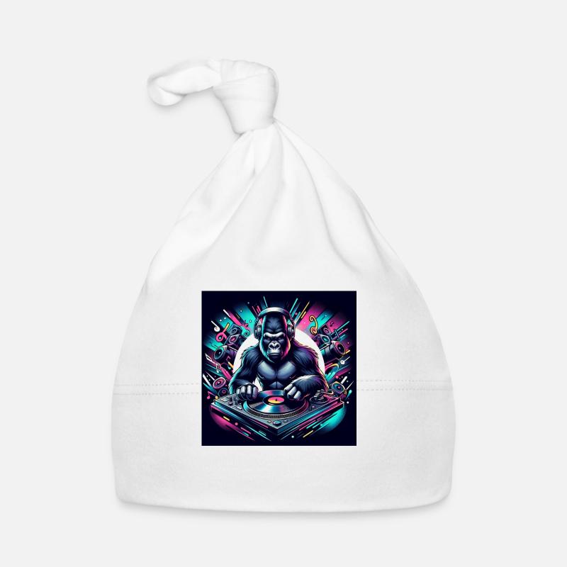 Gorillas als DJ mit Plattentellern Baby Bio-Mütze