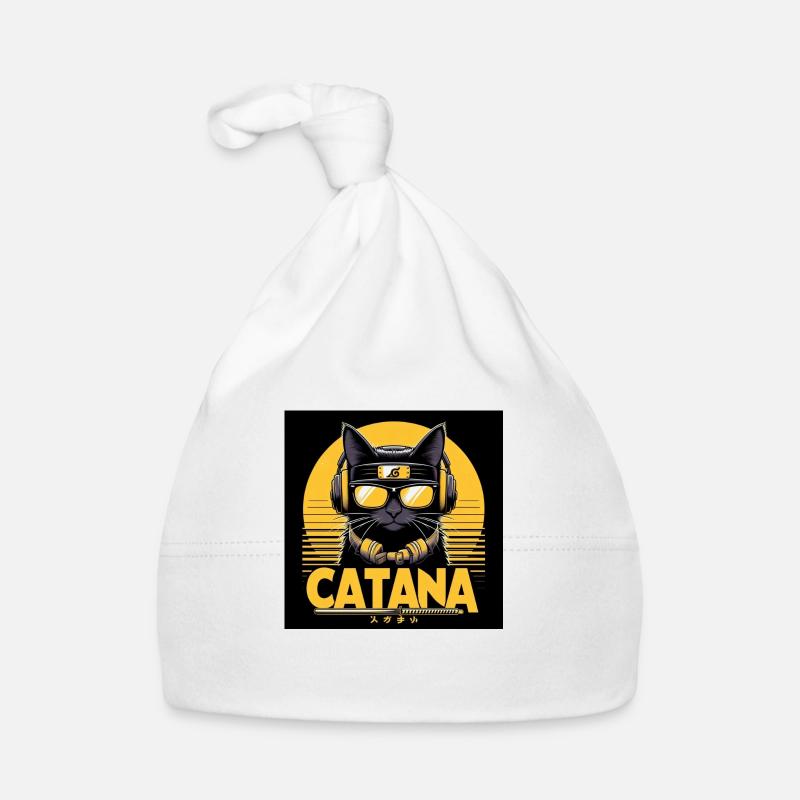 CATANA: Chat noir à lunettes. - Bonnet bio Bébé - blanc
