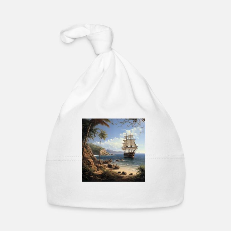 Sailing ship on tropical coast Organic Baby Cap