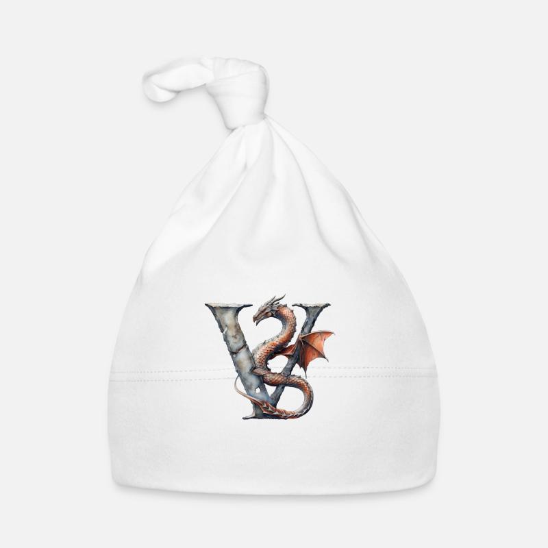 Lettre « V » en forme de dragon. - Bonnet bio Bébé - blanc