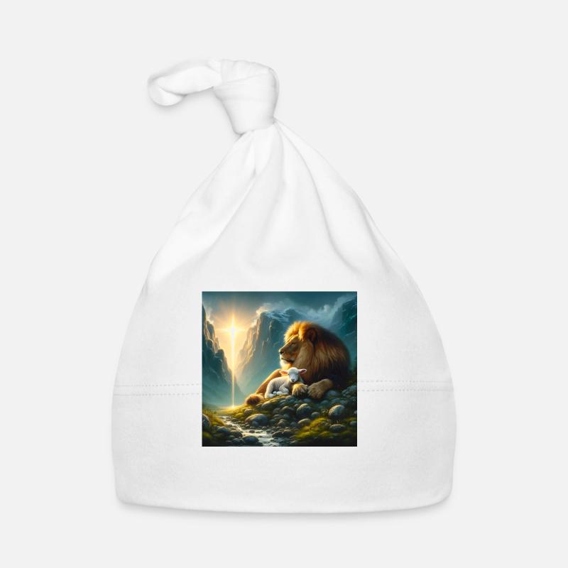 Lion et agneau élus - Bonnet bio Bébé - blanc