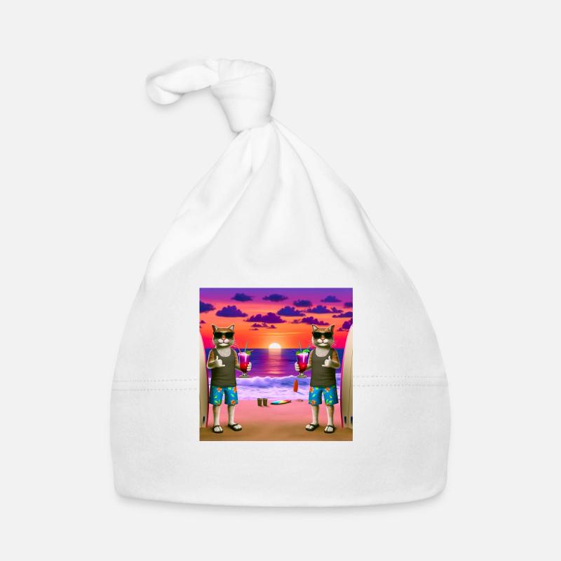 Gato Loco Surfdudes Chat Chats Plage Coucher De Soleil Bonnet bio Bébé