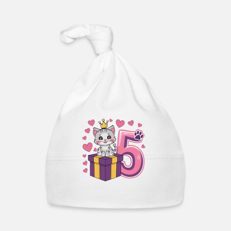 Chat mignon - 5e anniversaire - 5 ans - Bonnet bio Bébé - blanc