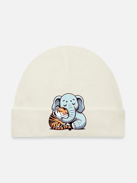 Cuddling Elephant And Tiger In Love - Organic Baby Cap - white - Front