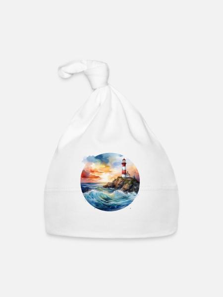 Phare majestueux au coucher du soleil avec des vagues déferlantes - Bonnet bio Bébé - blanc - Devant