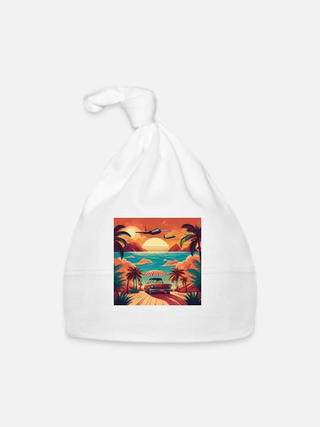Vintage Beach Sunset with Red Car and Planes - Organic Baby Cap - white - Front