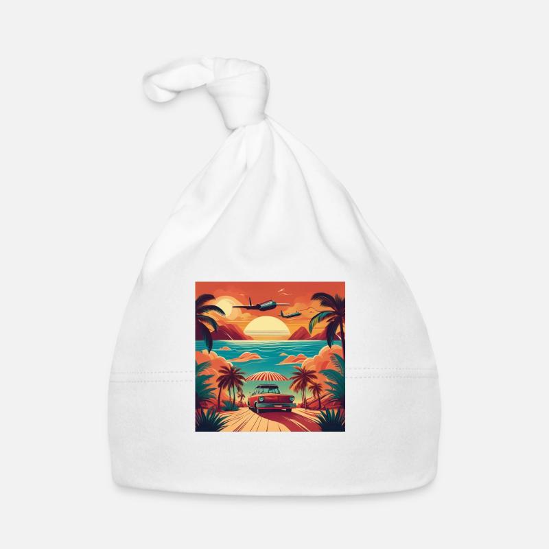 Vintage Beach Sunset with Red Car and Planes Organic Baby Cap