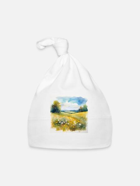 Serene Countryside Landscape with Wildflowers - Organic Baby Cap - white - Front