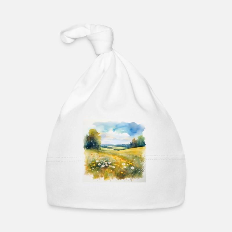 Serene Countryside Landscape with Wildflowers Organic Baby Cap