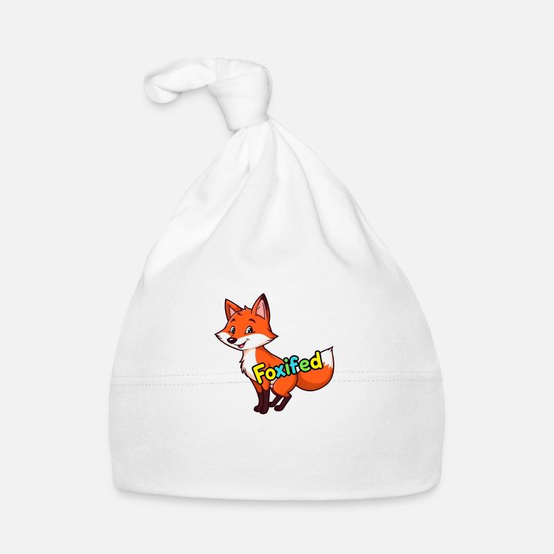 Aufrechter Rotfuchs im buschigen Wald, lächelnd Baby Bio-Mütze