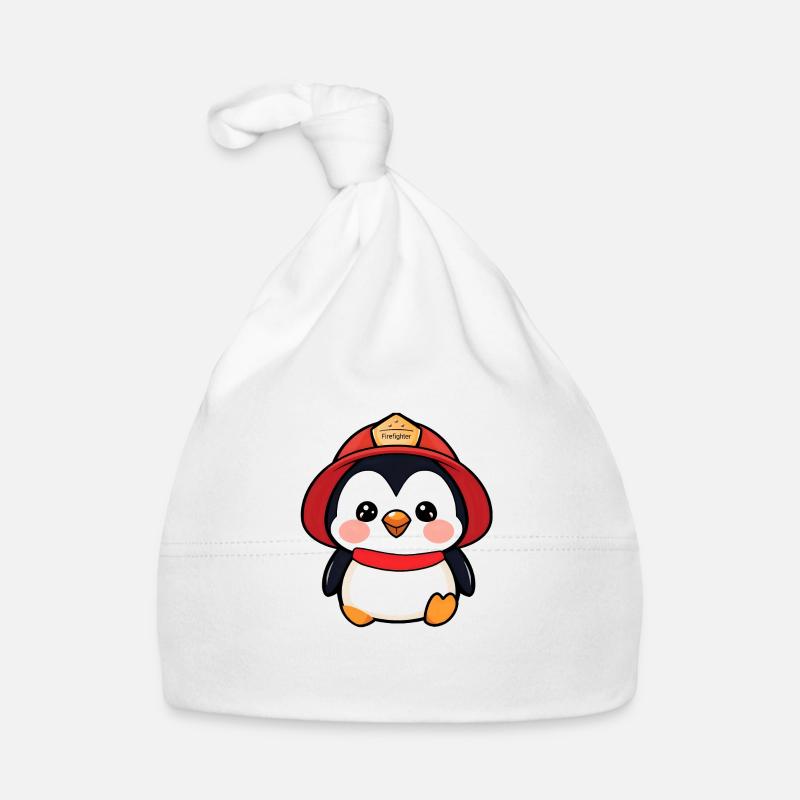 Ready to Roll: Cartoon Firefighter Penguin Organic Baby Cap