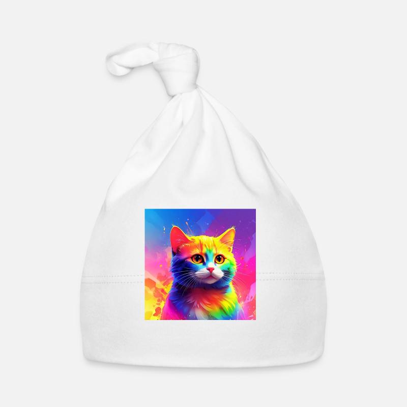Chat mignon aux couleurs de l’arc-en-ciel - Bonnet bio Bébé - blanc