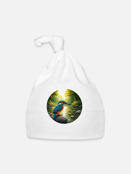 Kingfisher sits by stream - Organic Baby Cap - white - Front