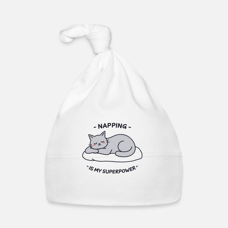 Chat gris détendu dormant sur un oreiller - Bonnet bio Bébé - blanc