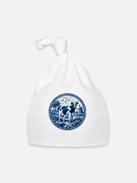 Delft blue cow - Organic Baby Cap - white - Front
