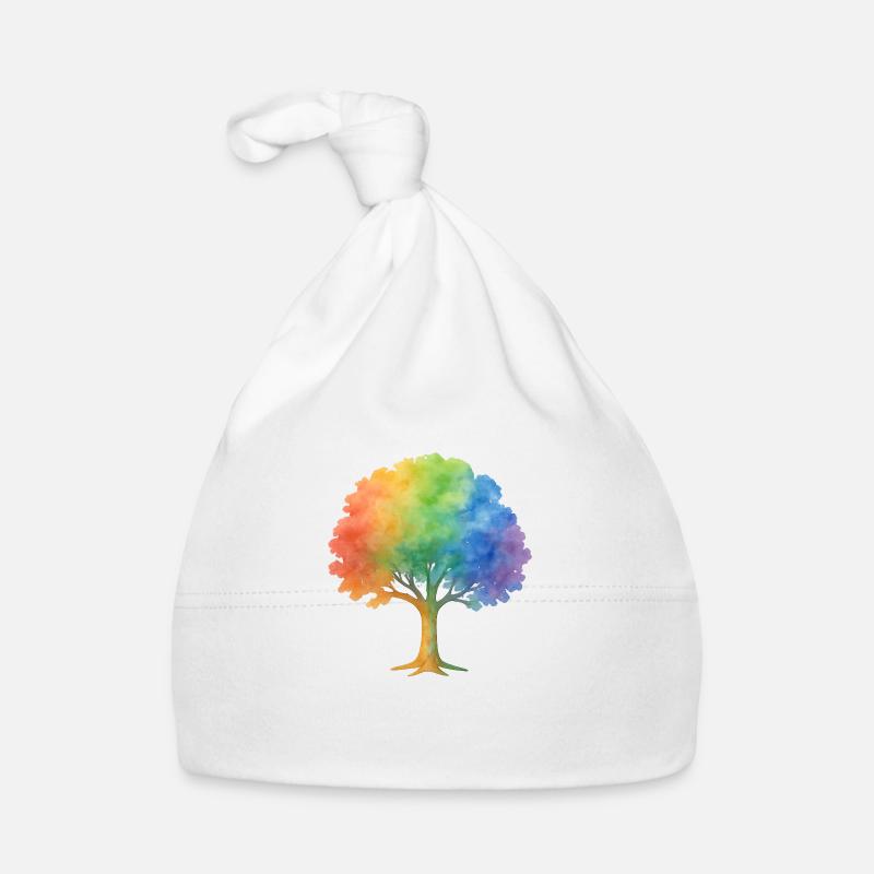 Rainbow Tree – Bunter Aquarell-Baum voller Leben u Baby Bio-Mütze