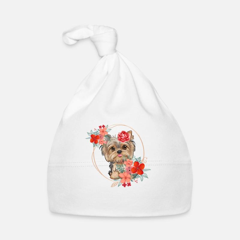 Design printanier - Yorkshire Terrier dans une couronne de fleurs Bonnet bio Bébé