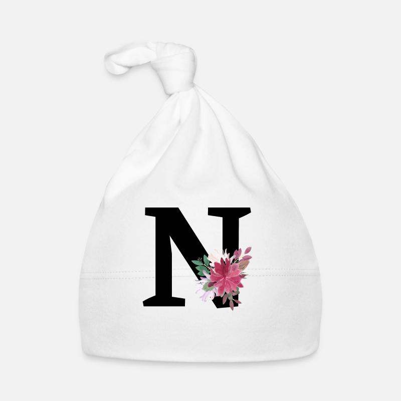 Lettre n floral - Bonnet bio Bébé - blanc