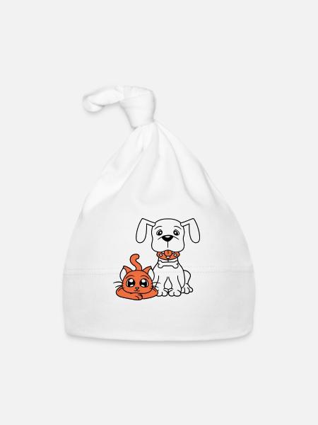 Chien Chat Deux Amis Équipe Chaton 2 Duo Équipage - Bonnet bio Bébé - blanc - Devant