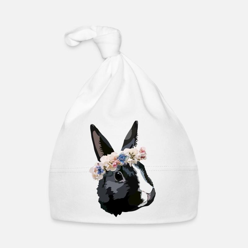 lapin avec couronne de fleurs - Bonnet bio Bébé - blanc