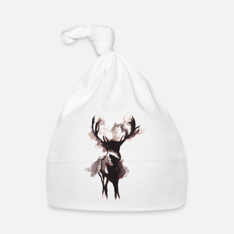 Aquarelle cerf avec bois - Bonnet bio Bébé - blanc