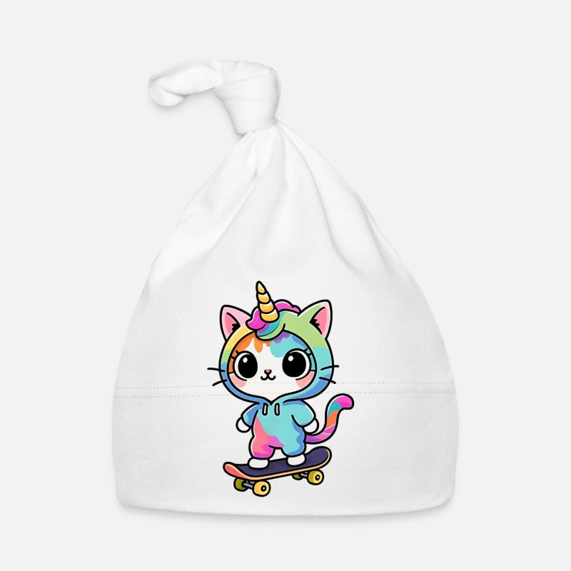 Regenbogen Einhorn Katze Schlittschuh - Baby Bio-Mütze - Weiß