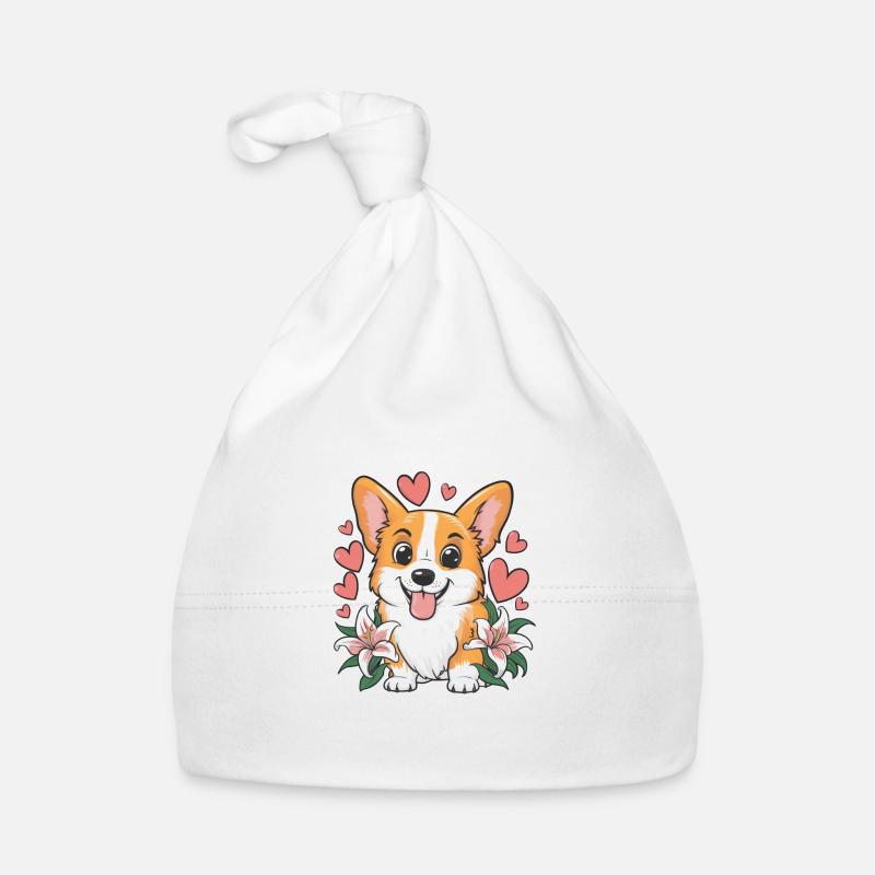 Mignon corgi de dessin animé avec des lys et des coeurs Bonnet bio Bébé