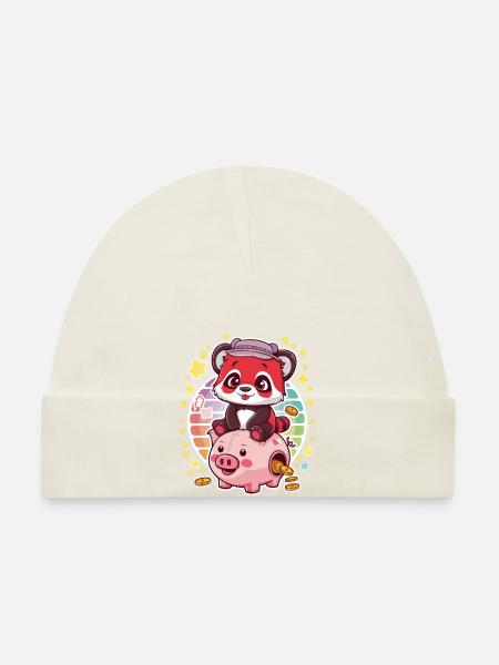 Red Kawaii Panda with Piggy Bank - Organic Baby Cap - white - Front