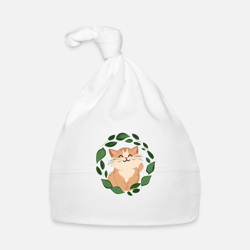 Chat dans un cercle de feuilles. Illustration de conte de fées Bonnet bio Bébé