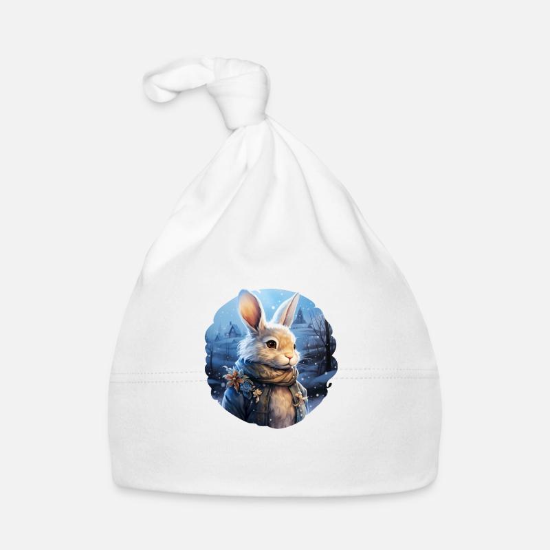 Paysage enneigé avec lapin mignon Bonnet bio Bébé