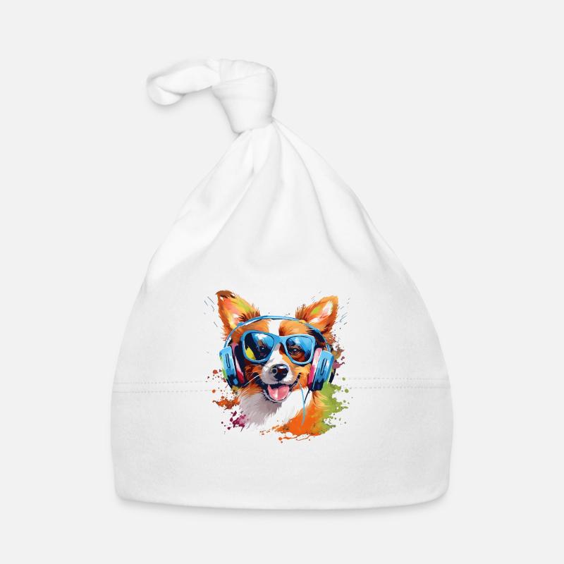 Conception de chien drôle avec des lunettes et des écouteurs - Bonnet bio Bébé - blanc