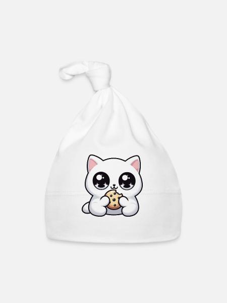 Chat kawaii mignon avec biscuit Cadeaux mignons - Bonnet bio Bébé - blanc - Devant