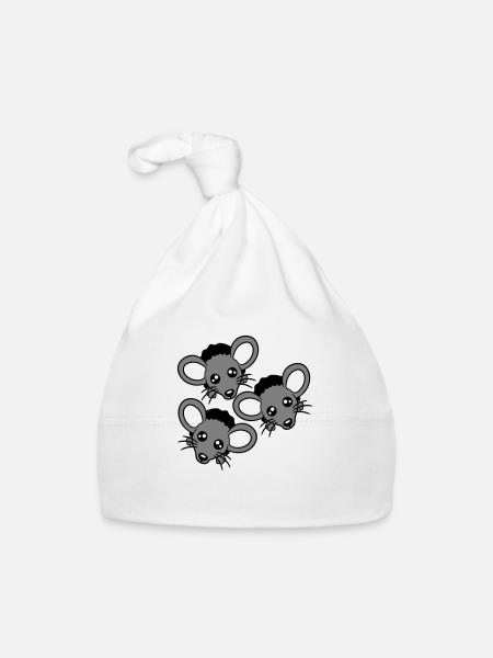 3 souris Trou mural Trou de souris Trois amis Équipe Équipage - Bonnet bio Bébé - blanc - Devant