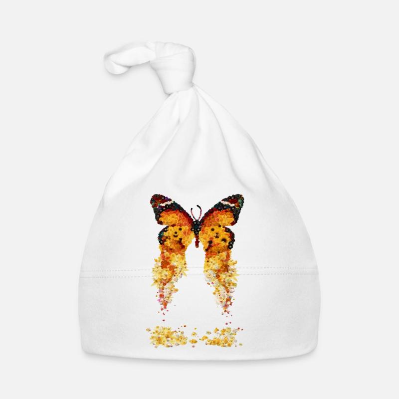 Papillon, orange, fleurs, jaune, ressort - Bonnet bio Bébé - blanc