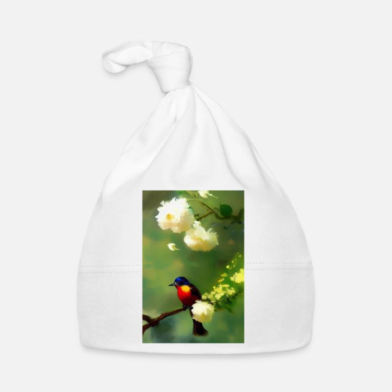 Vogel auf Ast mit Blumen Blüten Baby Bio-Mütze