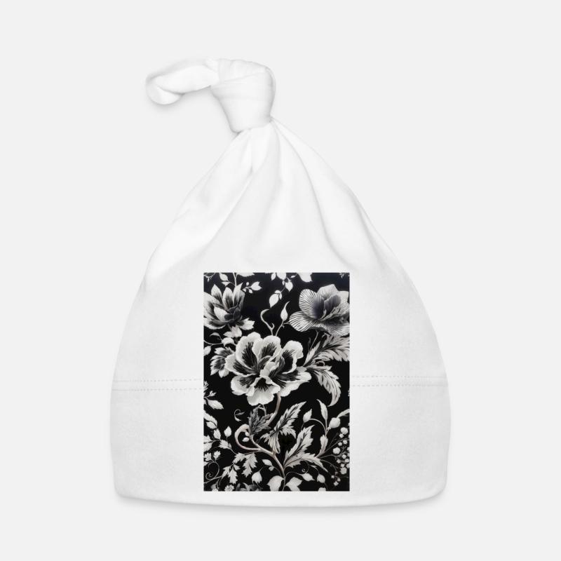 white floral pattern on a black background. Organic Baby Cap