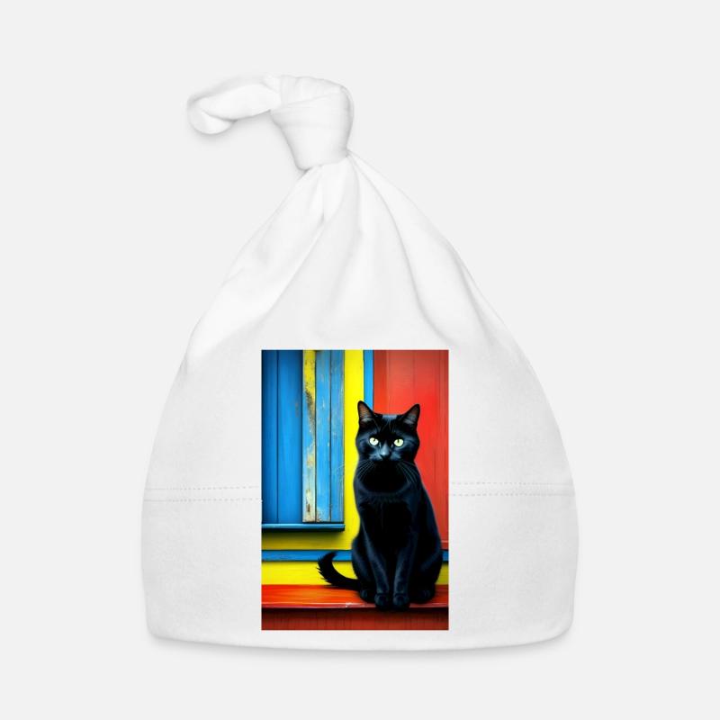 Chat noir devant la fenêtre - Bonnet bio Bébé - blanc