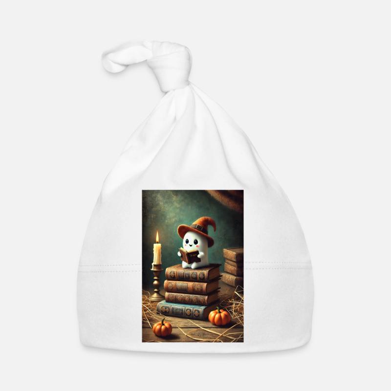 Reading Halloween ghost with a witch hat Organic Baby Cap