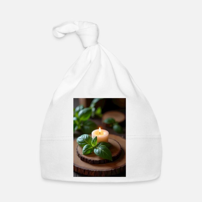 Bougie allumée au basilic sur bois rustique Bonnet bio Bébé