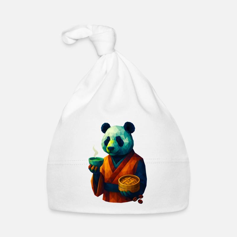 WPAP Style Animals - Panda Bear in Kimono Drinking Tea Organic Baby Cap