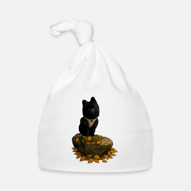 Chien Spitz Noir sur Un Tronc D’arbre - Bonnet bio Bébé - blanc