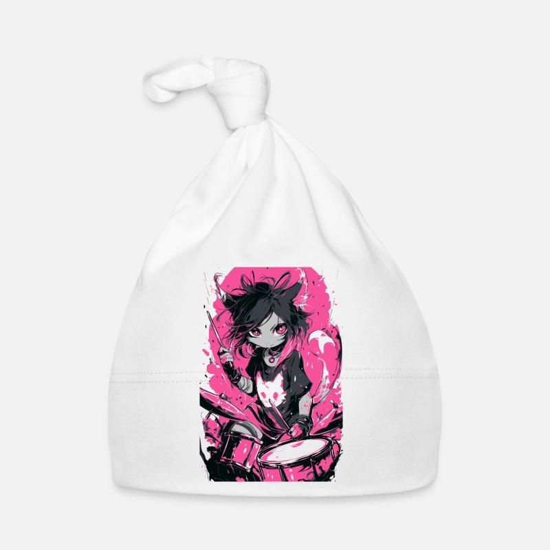 Cat Drummer Rose Néon - Bonnet bio Bébé - blanc